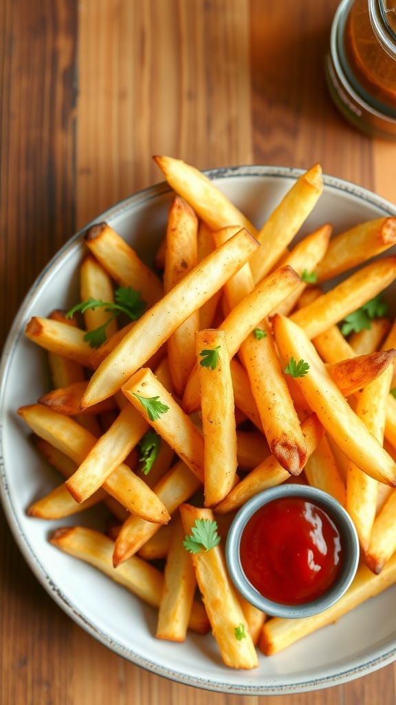 Crispy air fryer French fries served with ketchup and garnished with parsley on a wooden table.